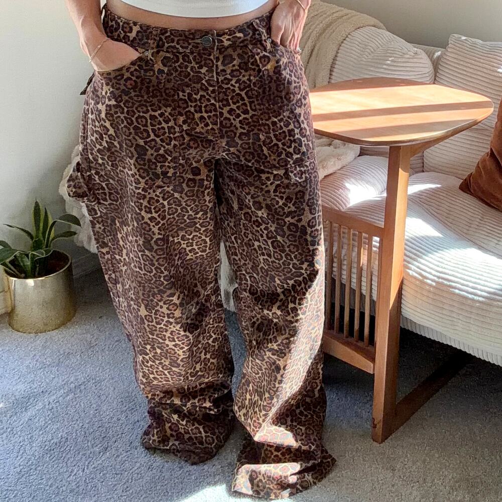 AFRM Rhett Baggie Wide Leg Leopard Printed Carpenter Denim Jeans Size 25